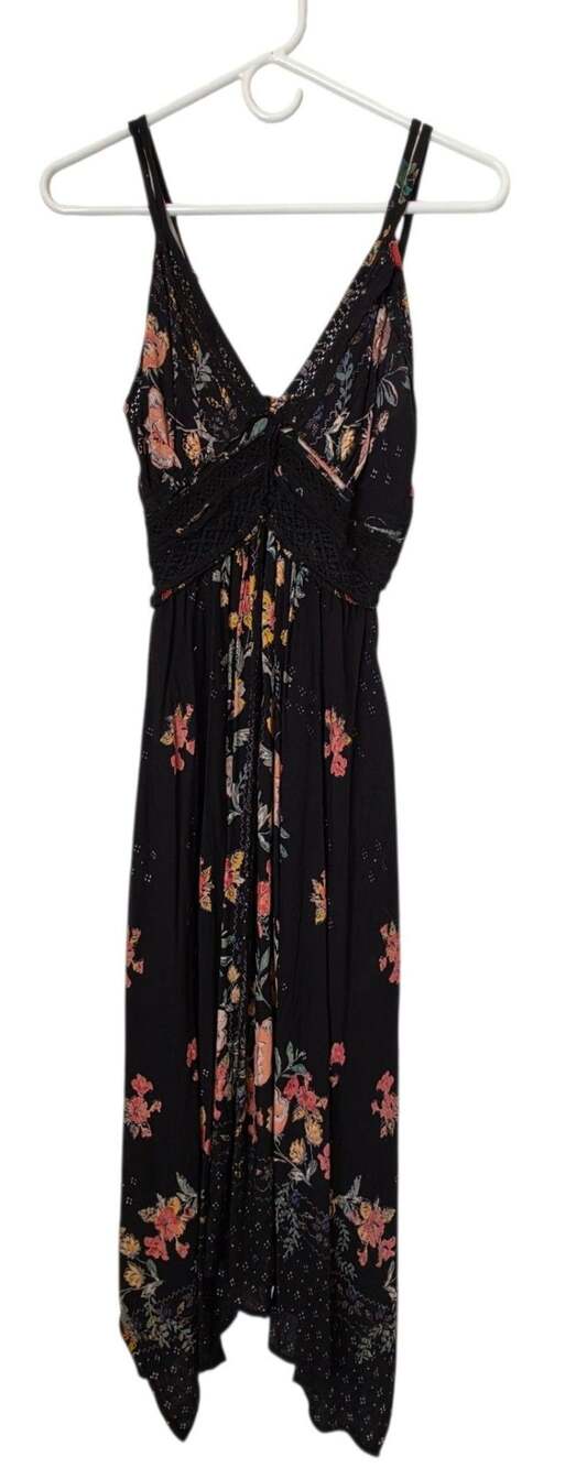 Angie Floral Maxi Dress Size L Black Rayon V-Neck Hanky Hem